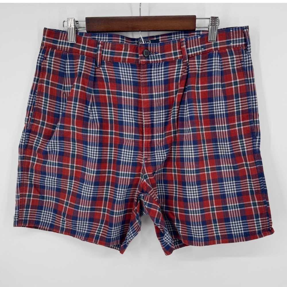 Vintage‎ Polo Ralph Lauren Plaid Shorts Mens Size 35 Red Blue Cotton Casual USA